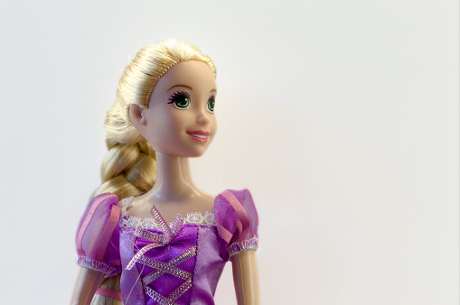 San Jose, California, USA - April 01, 2013: A portrait of a Disney Princess Rapunzel doll from Disney's hit animated film, Tangled. Tangled was released on November 24, 2010.