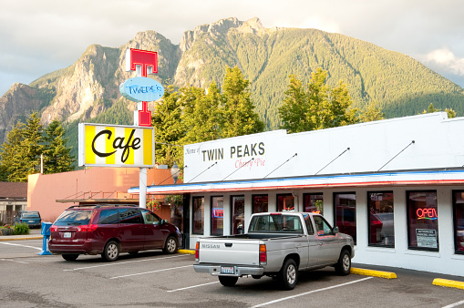 North Bend, USA - June 11, 2013: The famous Twedes cafe in North Bend made famous by the television show Twin Peaks just before sunset.