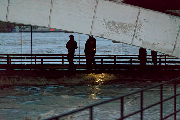 spectateurs sur la terrasse inférieure de lumière centre street bridge - calgary bridge flood alberta photos et images de collection