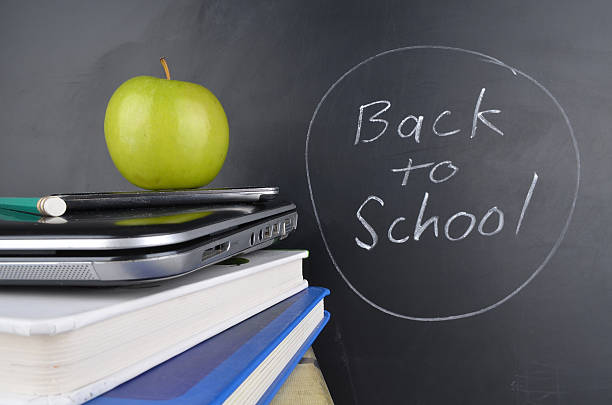 istock Learning and education concept with books, apple and blackboard 471597514