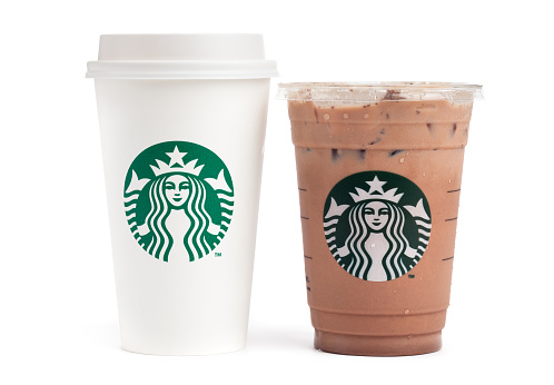 Taipei, Taiwan - February 3, 2013: This is a studio shot of two cups of Starbucks coffee isolated on a white background.