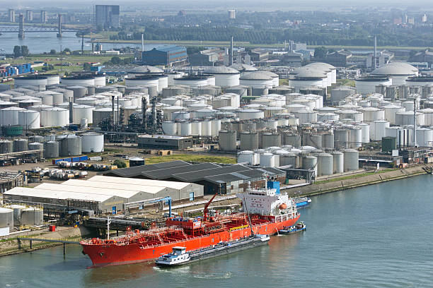 Rotterdam Europoort view over new Maas river.  Looking at large Oil storage.