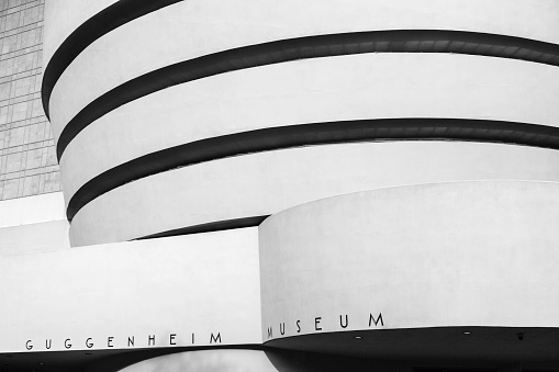 New York City, USA - June 8, 2013: Partial view of Guggenheim Museum in black and white