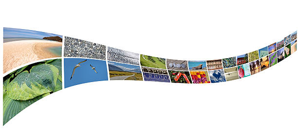 Curved stream of photos, isolated on white background