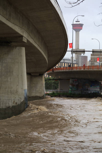 un desbordar río bow rips de pasar el puente ctrain - calgary bridge flood alberta fotografías e imágenes de stock