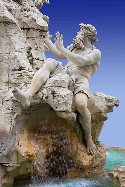 Close-up on Fountain of the Four Rivers in Rome stock photo