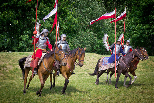 Stargard, Poland - June 23, 2013:Reenactors dressed as hussars exercise  horse riding in the meadow.The Polish Hussars  were the main type of cavalry of the first Polish Army between the 16th and 18th centuries