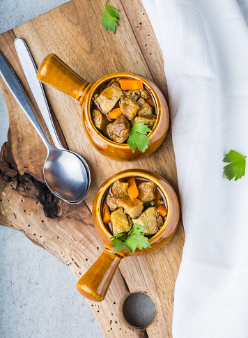 Portion of traditional beef stew with carrots. studio shot