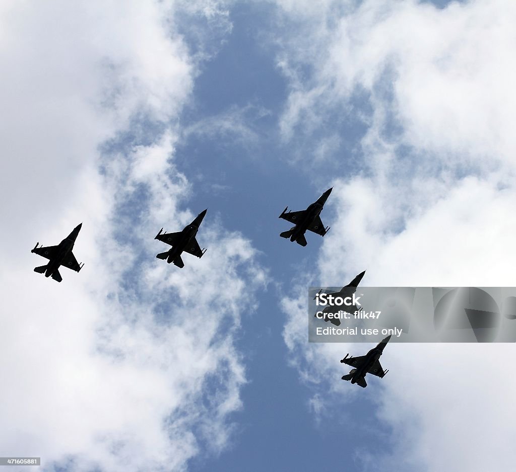 Five jet fighters at parade Tel Aviv, Israel - April 16, 2013: Israeli Air Force airplanes (five jet fighters) at parade in honor of Independence Day Israel Stock Photo