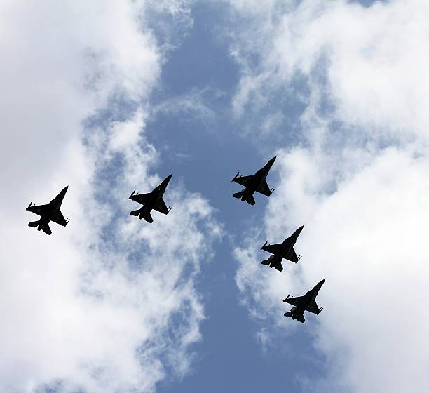 Five jet fighters at parade stock photo