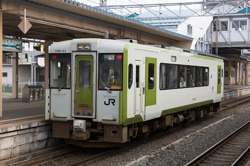 Aomori, Japan - May 28, 2013 : Japanese local train parked at Aomori Station in Aomori Prefecture, Japan. This train is on JR Ominato Line going to Ominato Station.