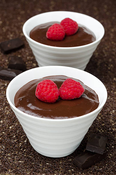 istock two bowls of chocolate mousse and fresh raspberries 471609217