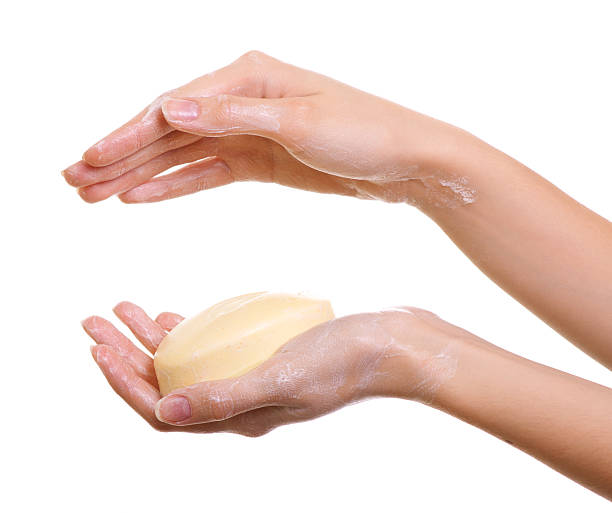 istock Female hands in soapsuds isolated on white 471609313
