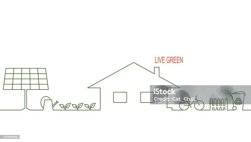 Eco house Living green and eco friendly house concept with alternative solar energy, organic gardening, waste recycling and bicycle Agriculture stock vector