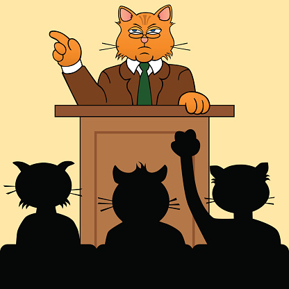 Pompous cat speaker at podium taking questions from audience