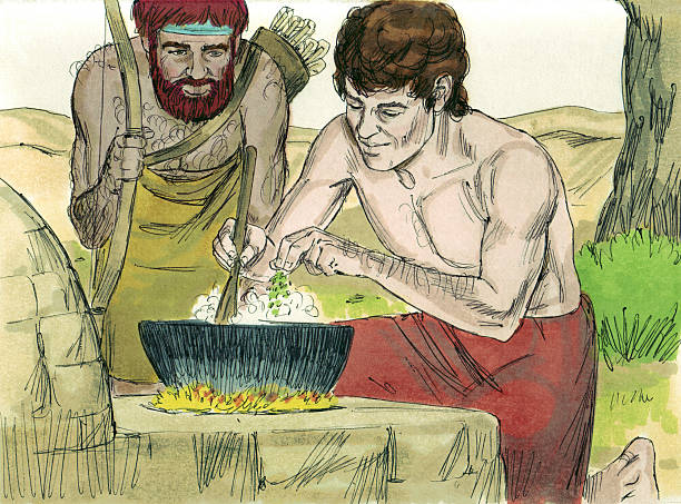 Jacob Offers Esau Stew Isaac and Rebekah had twin boys, Jacob (Rebekah's favorite) and Esau (Isaac’s favorite). Jacob offered Esau stew in exchange for Esau’s birthright. Esau took the deal promising Jacob that he would turn over his rights as firstborn son. Isaac was old and blind. He planned to give his final blessing to his firstborn son Esau. Rebekah and Jacob tricked Isaac into giving the blessing to Jacob instead. Rebekah used goat skins to disguise Jacob and make Isaac think he was Esau. The plan worked. When Esau found out he was very angry and decided to kill Jacob. Rebekah overheard Esau’s plan and sent Jacob to her brother Laban’s. One night, Jacob dreamed about a stairway reaching to heaven, with angels going up and down. The Lord was standing before him and promised many descendants. At Laban’s, Jacob fell in love with Rachel. He agreed to work seven years for Laban to marry Rachel, his daughter. Rachel’s older sister, Leah was not married. Laban tricked Jacob into marrying Leah and forced Jacob to work seven more years to marry Rachel. While in Haran, Jacob had eleven sons. Rachel birthed one of them, Joseph--Jacob’s favorite. Jacob wanted to return to Canaan. Laban tried to stop them, but Jacob still left. Jacob and Esau reconciled. Rachel delivered a twelfth son to Jacob, Benjamin. Rachel died when the baby was born. Jacob returned to the home of his father. Isaac died later at the age of 180 and was buried by his sons, Jacob and Esau. esau and jacob stock pictures, royalty-free photos & images
