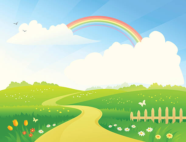 Landscape with rainbow Vector illustration of a beautiful spring scene with a rainbow. RGB colors. sunny day stock illustrations