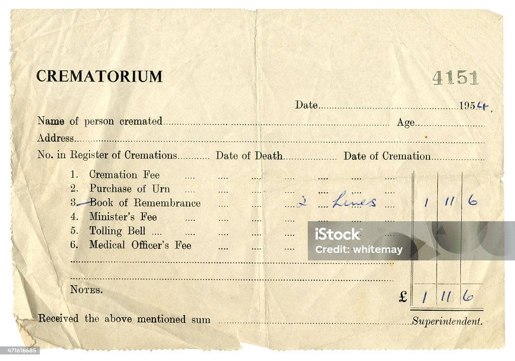 Crematorio ricevuta, 1954 - Foto stock royalty-free di Documento