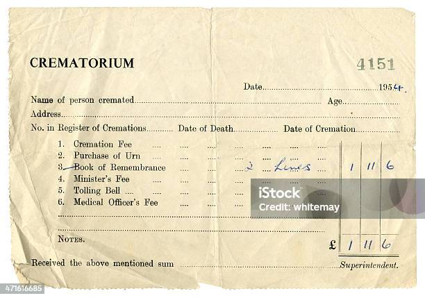 Crematorio Ricevuta 1954 - Fotografie stock e altre immagini di Documento - Documento, Lavoro d'ufficio, 1950-1959