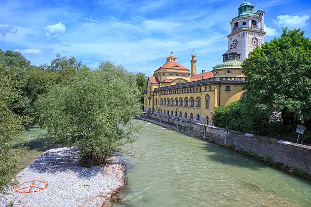 Old public baths in Munich, called "Muellersches Volksbad". In the foreground the river Isar.