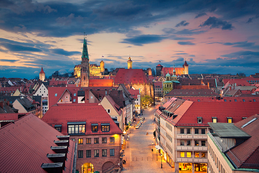 Image of historic downtown of Nuremberg, Germany at sunset.