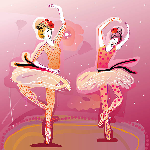 cute ballet dancers performing vector art illustration
