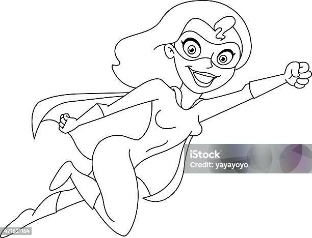 Outlined Super Heroine Stock Illustration - Download Image Now - Coloring Book Page - Illlustration Technique, Women, Flying