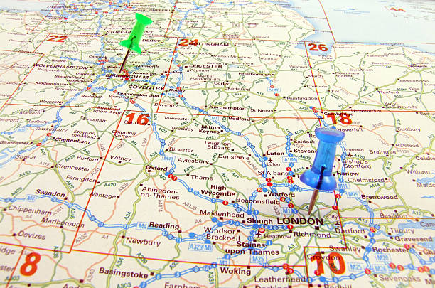 Travel Destination London to Birmingham Destinations UK. London to Birmingham on the map shown by pins m40 sniper rifle stock pictures, royalty-free photos & images