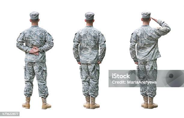 Us Army Soldier En Tres Posiciones Aislado Sobre Fondo Blanco Foto de stock y más banco de imágenes de Hacer el saludo militar