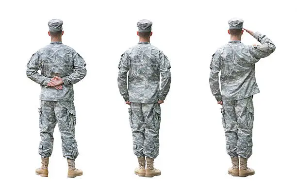 Photo of US Army soldier in three positions isolated on white background