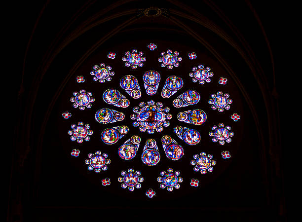 Stained glass windows in Cathedral of Our Lady, Chartres stock photo