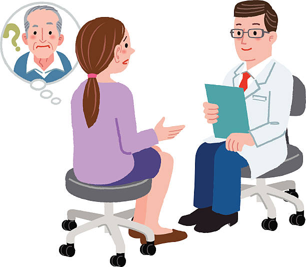 Daughter tells the doctor about her father's health complains vector art illustration