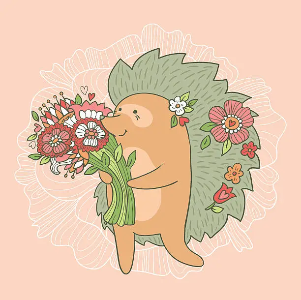 Vector illustration of Cute wedding card. Hedgehog with flowers in love