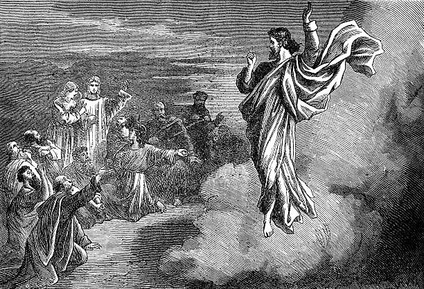 Ascension of Jesus Christ An engraved illustration image of resurrection Ascension into Heaven, from a vintage Victorian book dated 1883 that is no longer in copyright heaven and jesus drawing stock illustrations