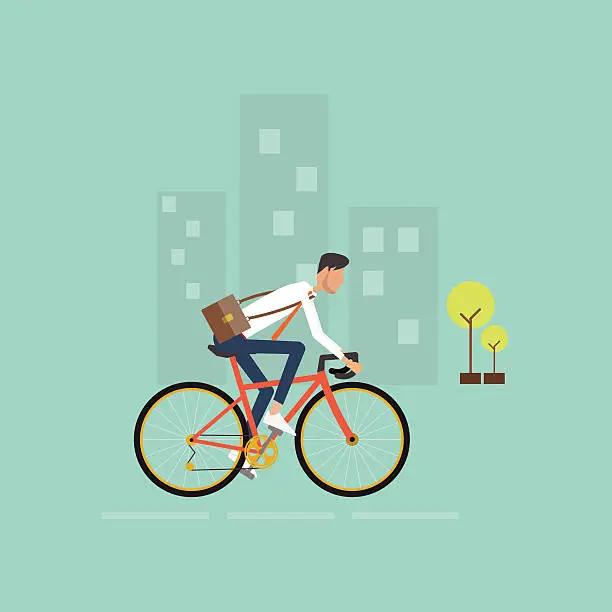 Vector illustration of business man on bike go to work in city.energy saving
