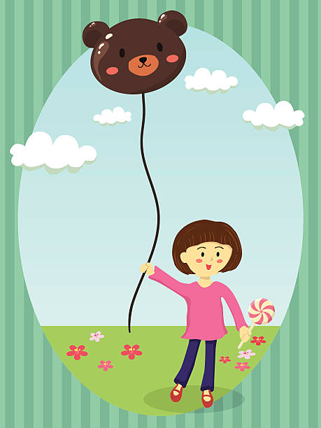 ilustraciones, imágenes clip art, dibujos animados e iconos de stock de girl holding bear globo - green background color image people animal