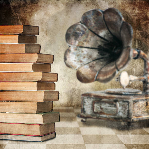 istock Vintage background with books an grammophone 471627253