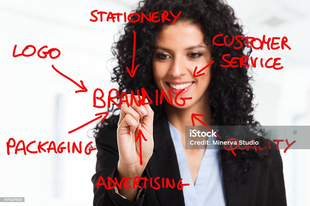 Branding Businesswoman drawing a branding flow chart Business Stock Photo