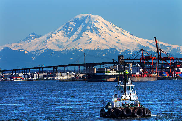 istock Tug Boat Seattle Port Red Cranes Ships Mount Rainier Washington 471629235