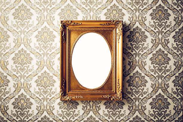 Vintage picture frame - Wallpaper Retro Gold Antique Baroque Vintage picture frame on baroque style wallpaper. art deco photos stock pictures, royalty-free photos & images