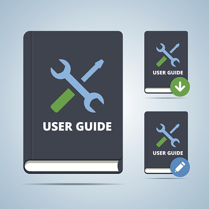 User guide manual book illustration in flat style with settings icon and download edit modofications.