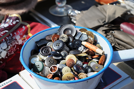 Flea Market with antique bowl of buttons  Flohmarkt in Havelberg