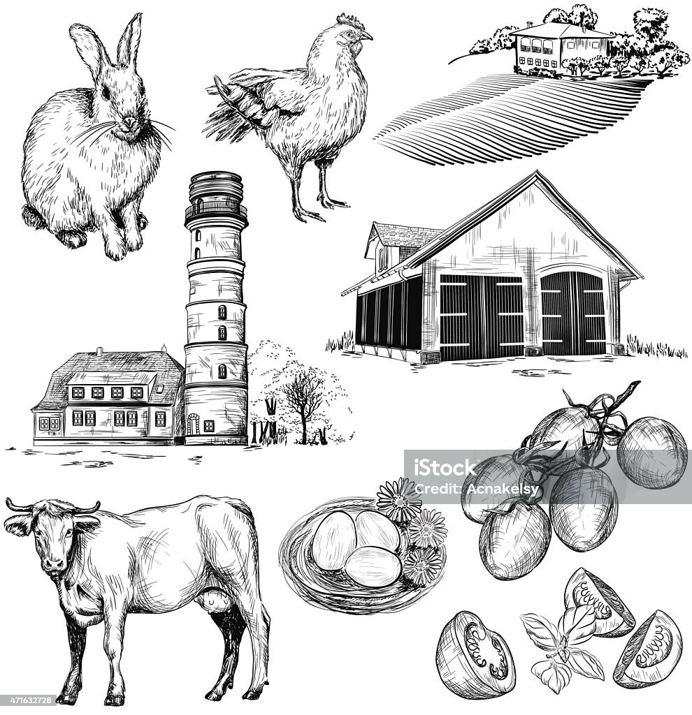 Vector farm and agriculture pictures Vector hand drawn collection of farm and agriculture pictures Old-fashioned stock vector