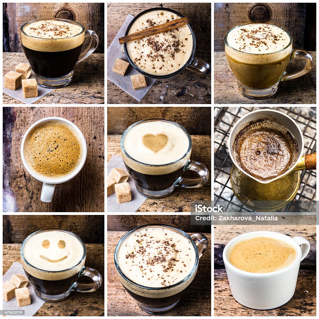 Colagem com café espresso, cappuccino, latte - Foto de stock de Aromaterapia royalty-free