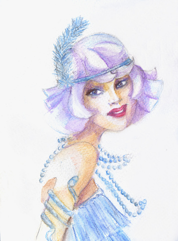 watercolor drawing of cute shy smiling young girl in roaring 20-s style.