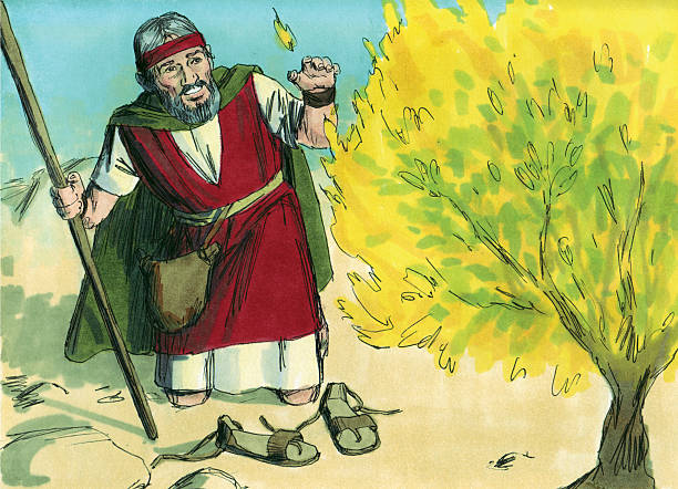 Illustration of Moses and the burning bush stock photo