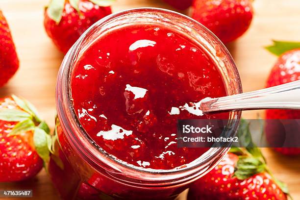 Homemade Organic Red Strawberry Jelly Stock Photo - Download Image Now - Berry, Berry Fruit, Bread