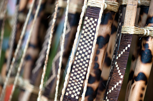 Closeup of bow with typical designs of the Indians of the Guarani Ethnicity in southern Brazil