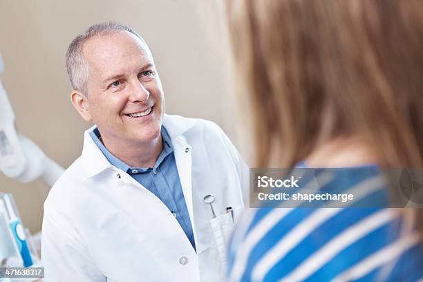 Explaining To The Dentist How She Chipped Her Tooth Stock Photo - Download Image Now