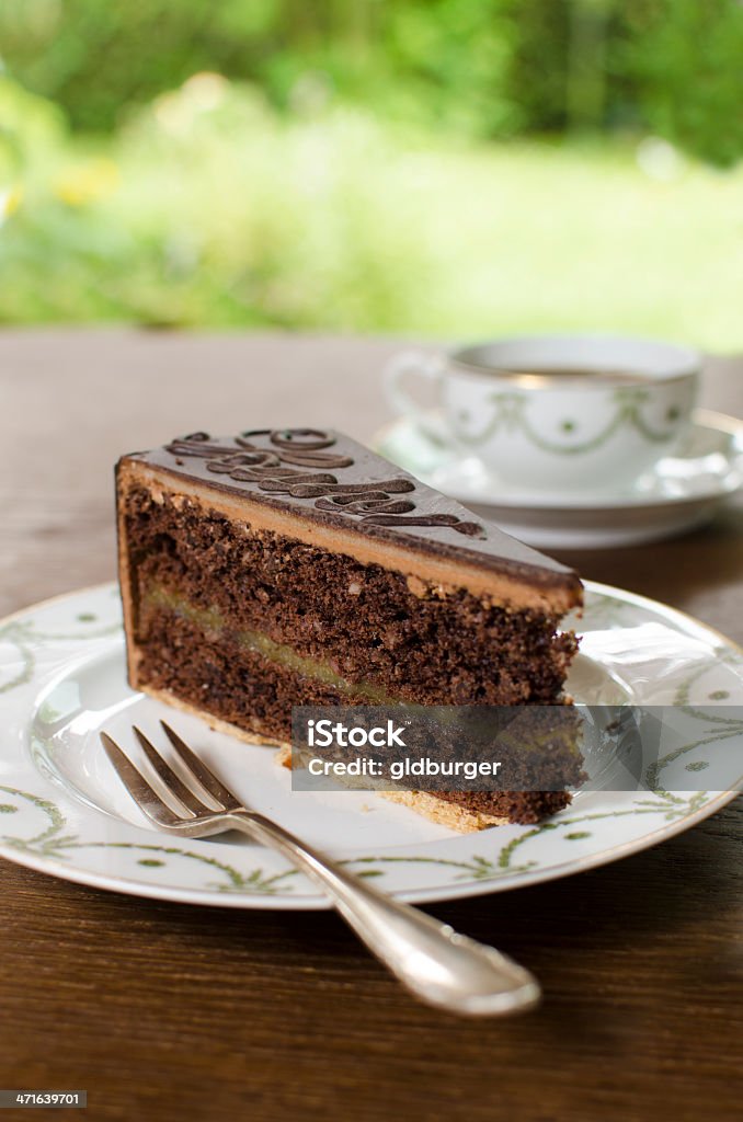 A piece of sachet cake on a fancy plate with a fork http://i.istockimg.com/file_thumbview_approve/30274172/2/stock-photo-30274172-sachertorte.jpg Cafe Stock Photo